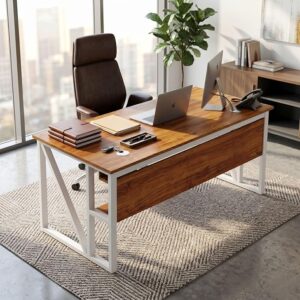 FFO Vector Executive Director Desk | Office Table | Manager Cabin Work Desk with Modesty Panel & Cable Grommet | Sturdy Metal Frame | DIY